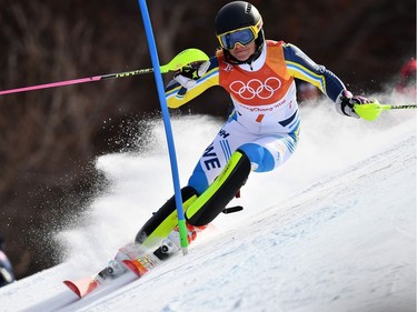 Sweden's Frida Hansdotter competes in the Women's Slalom at the Jeongseon Alpine Center during the Pyeongchang 2018 Winter Olympic Games in Pyeongchang on February 16, 2018.