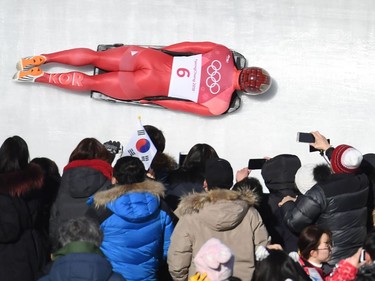 South Korea's Yun Sungbin competes in the mens's skeleton heat 3 run during the Pyeongchang 2018 Winter Olympic Games, at the Olympic Sliding Centre on February 16, 2018 in Pyeongchang.