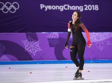 Ivanie Blondin, of Canada, reacts after competing in the women's 5000m speedskating finals during the 2018 Olympic Winter Games in Gangneung, South Korea on Friday, February 16, 2018. Blondin finished fifth in the women's 5,000-metre race at the Pyeongchang Winter Olympics on Friday.