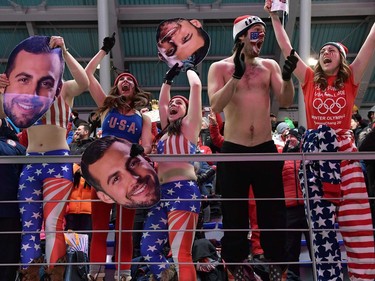 Fans of the USA cheer in the team relay competition luge final during the Pyeongchang 2018 Winter Olympic Games, at the Olympic Sliding Centre on February 15, 2018 in Pyeongchang.