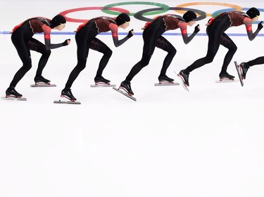 A multiple exposure of Isabelle Weidemann, of Canada, competing in the women's 5000m speedskating finals during the 2018 Olympic Winter Games in Gangneung, South Korea on Friday, February 16, 2018.