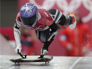 Mirela Rahneva of Canada starts her first run during the women's skeleton competition at the 2018 Winter Olympics in Pyeongchang, South Korea, Friday, Feb. 16, 2018.