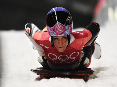 Mirela Rahneva of Canada slides into the finish area during the Women's Skeleton heat one at Olympic Sliding Centre on February 16, 2018 in Pyeongchang-gun, South Korea.