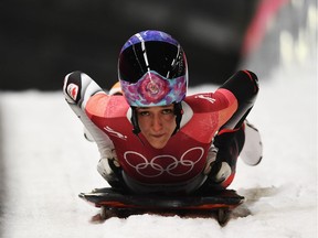 PYEONGCHANG-GUN, SOUTH KOREA - FEBRUARY 16:  Mirela Rahneva of Canada slides into the finish area during the Women's Skeleton heat one at Olympic Sliding Centre on February 16, 2018 in Pyeongchang-gun, South Korea.