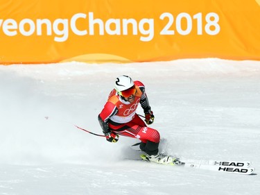 Dustin Cook of Canada after finishing his run of the Super G at the Jeongseon Alpine Centre during the 2018 Winter Olympics in Korea, February 16, 2018.