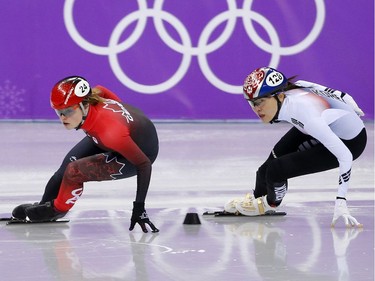 Kim Boutin of Canada, left and Alang Kim of Korea during the ladies short track 1500 metre in Gangneung, South Korea, at the 2018 Winter Olympics on Saturday, Feb. 17, 2018.