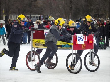 The firefighters team took part in the 38th Accora Village Bed Race for Kiwanis Saturday Feb. 17, 2018 on Dow's Lake, part of Winterlude.