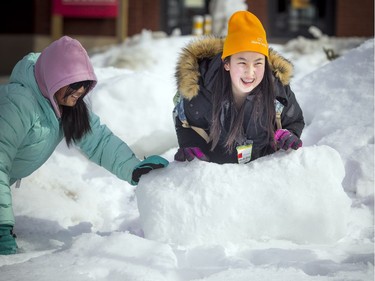 14-year-old Cynthia Lem put her muscles behind moving a big chunk of ice and snow with the help of (left) 12-year-old Alicia Wang. The Crackup Snowmania Challenge took place Saturday Feb 17, 2018 at Lansdowne Park.