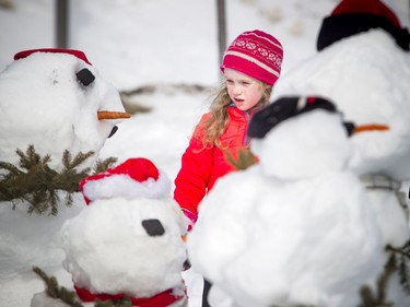 Six-year-old Helen Murphy takes a look at the lovely snowmen her and her family have built.  The Crackup Snowmania Challenge took place Saturday Feb 17, 2018 at Lansdowne Park.