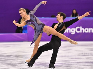 USA's Madison Hubbell and USA's Zachary Donohue compete in the ice dance short dance of the figure skating event during the Pyeongchang 2018 Winter Olympic Games at the Gangneung Ice Arena in Gangneung on February 19, 2018.