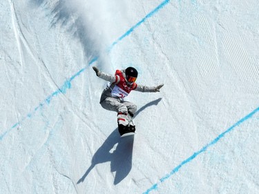 TOPSHOT - US Jessika Jenson competes during the qualification of the women's snowboard big air event at the Alpensia Ski Jumping Centre during the Pyeongchang 2018 Winter Olympic Games on February 19, 2018 in Pyeongchang.