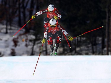 Kevin Drury (top) and Christopher Delbosco (bottom) of Canada during their training run in the men's  ski cross at the Phoenix Snow Park during the 2018 Winter Olympics in South Korea, February 19, 2018.    Photo by Jean Levac/Postmedia