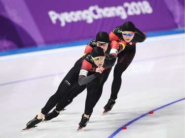 GANGNEUNG, SOUTH KOREA - FEBRUARY 19: Ivanie Blondin, Josie Morrison and Isabelle Weidemann of Canada compete during the Ladies' Team Pursuit Speed Skating Quarterfinals on day 10 of the PyeongChang 2018 Winter Olympic Games at Gangneung Oval on February 19, 2018 in Gangneung, South Korea.