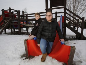 Anthony Fiorenza, 12, and his sister Alessa Fiorenza, 10, pose for a photo in Stittsville on Monday, February 19, 2018. They are unhappy about the changes the city has planned for their neighbourhood playground.   (Patrick Doyle)  ORG XMIT: 0220 col egan park 05