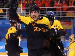 Patrick Reimer #37 of Germany reacts after scoring the game winning goal in overtime against Sweden to win 4-3 during the Men's Play-offs Quarterfinals game on day twelve of the PyeongChang 2018 Winter Olympic Games at Kwandong Hockey Centre on February 21, 2018 in Gangneung, South Korea.