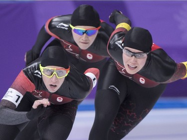 Canada's Ivanie Blondin, Isabelle Weidemann and Josie Morrison, left to right, compete in the women's speed skating team pursuit bronze final at the Pyeongchang Winter Olympics Wednesday, February 21, 2018 in Gangneung, South Korea.