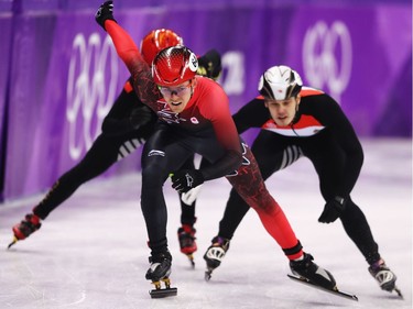 Pascal Dion of Canada leads during the Men's 5,000m Relay Final A on day 13 of the PyeongChang 2018 Winter Olympic Games at Gangneung Ice Arena on February 22, 2018 in Gangneung, South Korea.