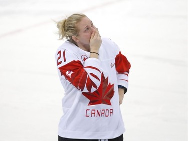 Canada forward Haley Irwin reacts after losing to the United States at the 2018 Olympic Winter Games in Pyeongchang, South Korea, on Wednesday, February 21, 2018. Leah Hennel/Postmedia