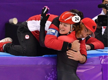 Canada's Kim Boutin celebrates Silver after the women's 1,000m short track speed skating A final event during the Pyeongchang 2018 Winter Olympic Games, at the Gangneung Ice Arena in Gangneung on February 22, 2018.