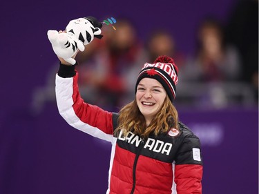 Silver medalist Kim Boutin of Canada celebrates during the victory ceremony after the Short Track Speed Skating Ladies' 1,000m Final A on day 13 of the PyeongChang 2018 Winter Olympic Games at Gangneung Ice Arena on February 22, 2018 in Gangneung, South Korea.