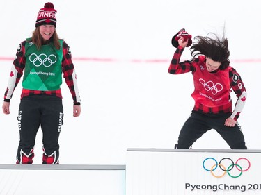 Kelsey Serwa of Canada takes 1st place, Brittany Phelan of Canada takes 2nd place during the Freestyle Skiing Women's Finals Ski Cross at Pheonix Snow Park on February 23, 2018 in Pyeongchang-gun, South Korea.