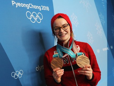 Canadian short track speed skater Kim Boutin attends a press conference on day fourteen of the 2018 PyeongChang Winter Olympic Games on February 23, 2018 in Pyeongchang-gun, South Korea.