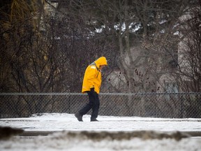 A man walks along Riverside Drive as Ottawa was hit with freezing rain Sunday Feb. 25, 2018.