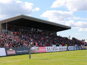 Fans fill the bleachers for an International Rugby match between Canada and USA at Twin Elm Rugby Park on Saturday, August 22, 2015.