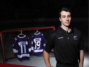 Derian Plouffe, who had a head injury and Tanner Lomsnes who went out with broken ribs which also impacted his liver worked out all summer together. Both are back and making a huge difference for Niagara this year, Both injuries were life threatening. Their coach said their team jersey's would be hanging in the rafters of the schools hockey arena if they never made it back alive.  Photo taken at Dwyer Arena, Niagara University  in Lewiston,N.Y. on Tuesday, Dec. 5, 2017.    Credit: James P. McCoy/Buffalo News