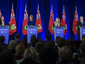 Ontario PC leadership candidates (L-R) Tanya Granic Allen, Caroline Mulroney, Christine Elliott, and Doug Ford ready to debate in Ottawa. February 28,2018.
