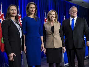 Ontario PC leadership candidates (L-R) Tanya Granic Allen, Caroline Mulroney, Christine Elliott, and Doug Ford pose for a photo following there debate in Ottawa. February 28,2018.