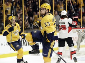 Nashville Predators winger Viktor Arvidsson celebrates one of his two goals against the Senators on Monday. (AP PHOTO)