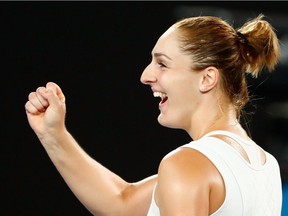 Gabriela Dabrowski, seen here celebrating victory in the mixed doubles final of the Australian Open in January, shared a women's doubles title in Doha on Sunday with Julia Ostapenko of Latvia.