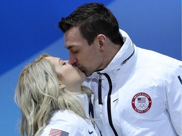 PYEONGCHANG-GUN, SOUTH KOREA - FEBRUARY 12:  Bronze medalists Alexa Scimeca Knierim and Chris Knierim of Team United States celebrate during the victory ceremony after the Figure Skating Team Event at Medal Plaza on February 12, 2018 in Pyeongchang-gun, South Korea.