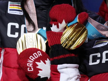 PYEONGCHANG-GUN, SOUTH KOREA - FEBRUARY 12:  Gold medalists Team Canada celebrate during the victory ceremony after the Figure Skating Team Event at Medal Plaza on February 12, 2018 in Pyeongchang-gun, South Korea.