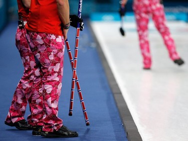 A detailed view of the trousers or pants worn by the Norwegian men's curling team on Wednesday.