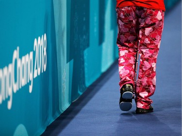 A detailed view of the pants worn by Norway during the men's curling match against Japan on Wednesday.