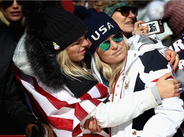 Lindsey Vonn (R) of the United States is consoled at the finish during the Ladies Super G Alpine Skiing on day eight of the PyeongChang 2018 Winter Olympic Games at Jeongseon Alpine Centre on February 17, 2018 in Pyeongchang-gun, South Korea.