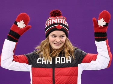 Bronze medalist Kim Boutin of Canada celebrates during the victory ceremony after the Short Track Speed Skating Ladies' 1500m Final A on day eight of the PyeongChang 2018 Winter Olympic Games at Gangneung Ice Arena on February 17, 2018 in Gangneung, South Korea.
