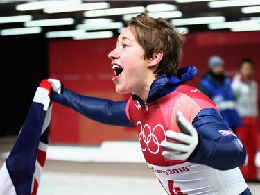 Yarnold of Great Britain celebates as she secures the gold medal at the Womens Skeleton on day eight of the PyeongChang 2018 Winter Olympic Games at Olympic Sliding Centre on February 17, 2018 in Pyeongchang-gun, South Korea.