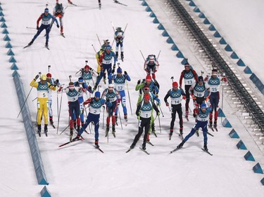 The Athletes compete during the Men's 15km Mass Start Biathlon on day nine of the PyeongChang 2018 Winter Olympic Games at Alpensia Biathlon Centre on February 18, 2018 in Pyeongchang-gun, South Korea.