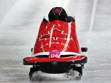 Justin Kripps and Alexander Kopacz of Canada slide during two-man Bobsleigh heats on day nine of the PyeongChang 2018 Winter Olympic Games at Olympic Sliding Centre on February 18, 2018 in Pyeongchang-gun, South Korea.