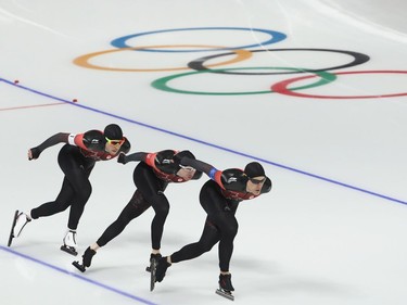Ted-Jan Bloemen, Denny Morrison and Jordan Belchos of Canada compete during the Men's Team Pursuit Speed Skating Quarter Finals on day nine of the PyeongChang 2018 Winter Olympic Games at Gangneung Oval on February 18, 2018 in Gangneung, South Korea.