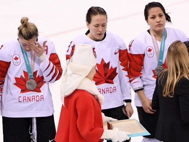 Jocelyne Larocque #3 of Canada refuses to wear her silver medal after losing to the United States in the Women's Gold Medal Game on day thirteen of the PyeongChang 2018 Winter Olympic Games at Gangneung Hockey Centre on February 22, 2018 in Gangneung, South Korea.