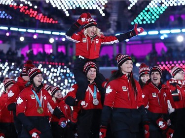 Team Canada walks in the Parade of Athletes during the Closing Ceremony of the PyeongChang 2018 Winter Olympic Games at PyeongChang Olympic Stadium on February 25, 2018 in Pyeongchang-gun, South Korea.