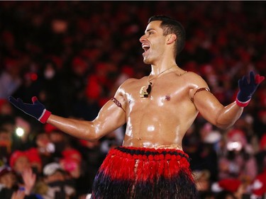 Pita Taufatofua of Tonga stands on stage during the Closing Ceremony of the PyeongChang 2018 Winter Olympic Games at PyeongChang Olympic Stadium on February 25, 2018 in Pyeongchang-gun, South Korea.