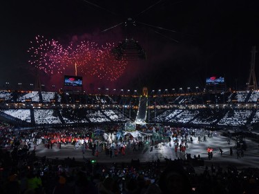 Fireworks explode near the conclusion of the Closing Ceremony of the PyeongChang 2018 Winter Olympic Games at PyeongChang Olympic Stadium on February 25, 2018 in Pyeongchang-gun, South Korea.