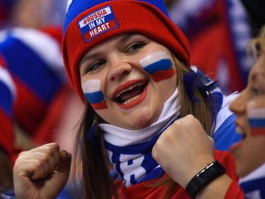 Russia's fans during the men's ice hockey preliminary round group B game between the Olympic Athletes from Russia and the United States during the Pyeongchang 2018 Winter Olympic Games at the Gangneung Hockey Centre in Gangneung on February 17, 2018.