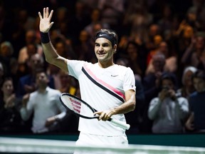 Switzerland's Roger Federer celebrates after winning against Italy's Andreas Seppi during their semi-final tennis match of the ABN AMRO World Tennis Tournament in Rotterdam, on February 17, 2018.