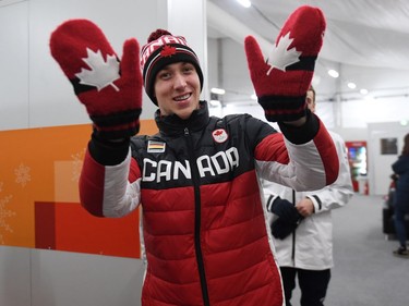 Canada's ski slopestyle bronze medallist Alex Beaulieu-Marchand waves backstage at the Athletes' Lounge during the medal ceremonies at the Pyeongchang Medals Plaza during the Pyeongchang 2018 Winter Olympic Games in Pyeongchang on February 18, 2018.